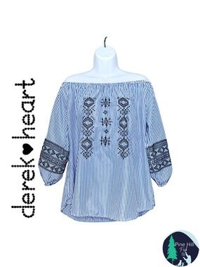 Derek Heart Off Shoulder Blouse 1X Blue White Stripes Embroidered Boho Peasant